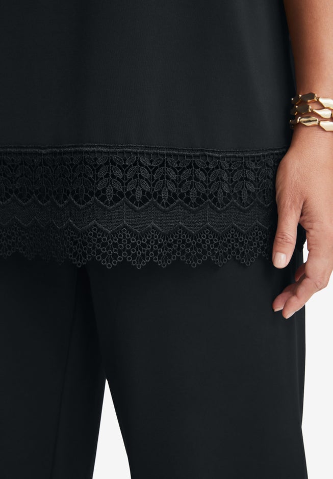 2-Piece Stretch Knit Lace Trim Crop Set image number 1