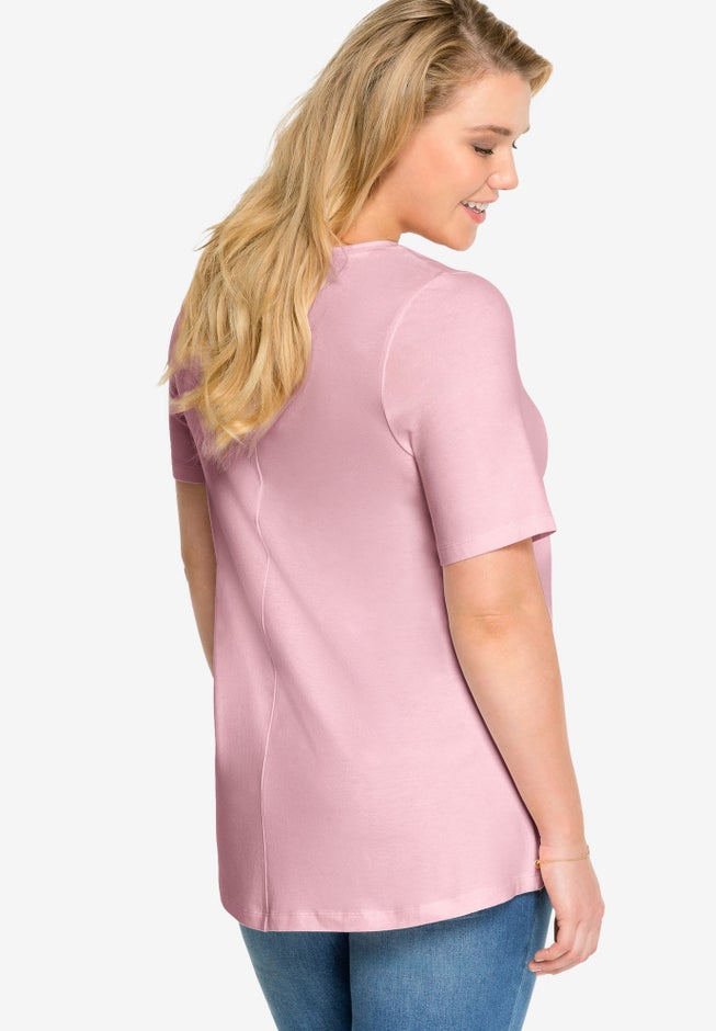 Stretch Knit V-neck Short Sleeve Tunic image number 1