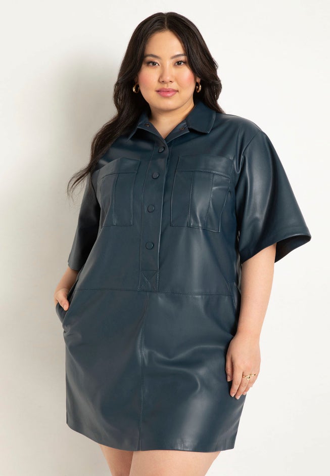 Boxy Faux Leather Shirt Dress image number 3