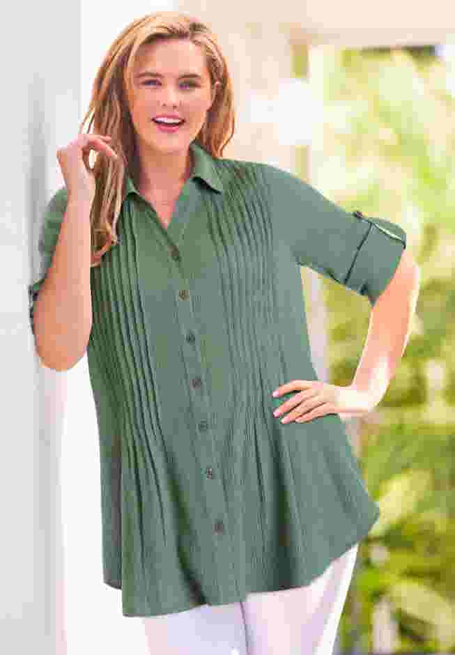 Pintucked Button Down Gauze Shirt image number 4
