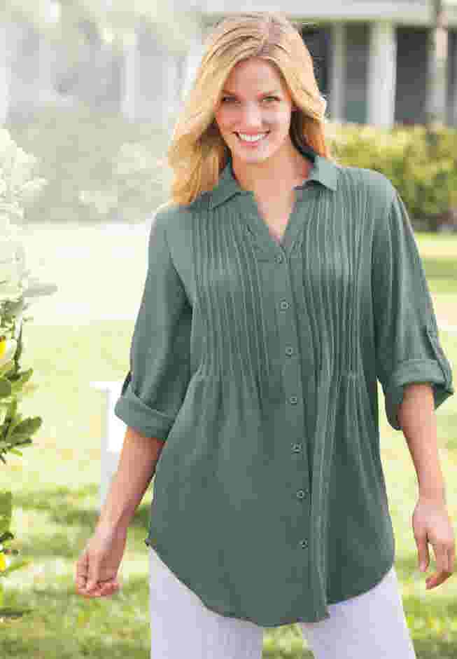 Pintucked Button Down Gauze Shirt image number 3