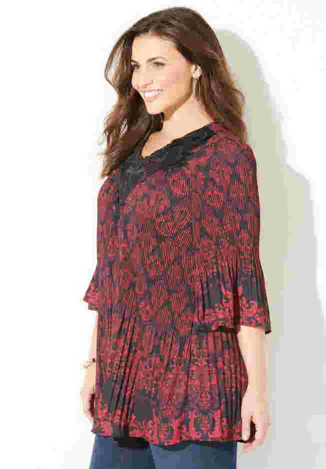 Velvet Trim Pleated Blouse image number 2