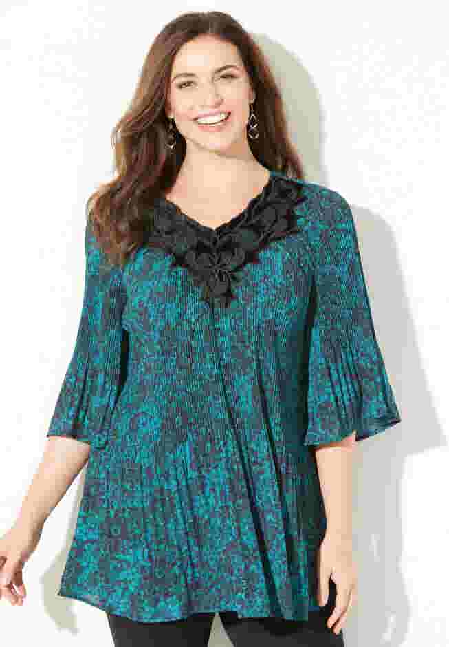 Velvet Trim Pleated Blouse image number 0