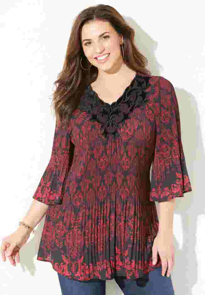 Velvet Trim Pleated Blouse image number 0
