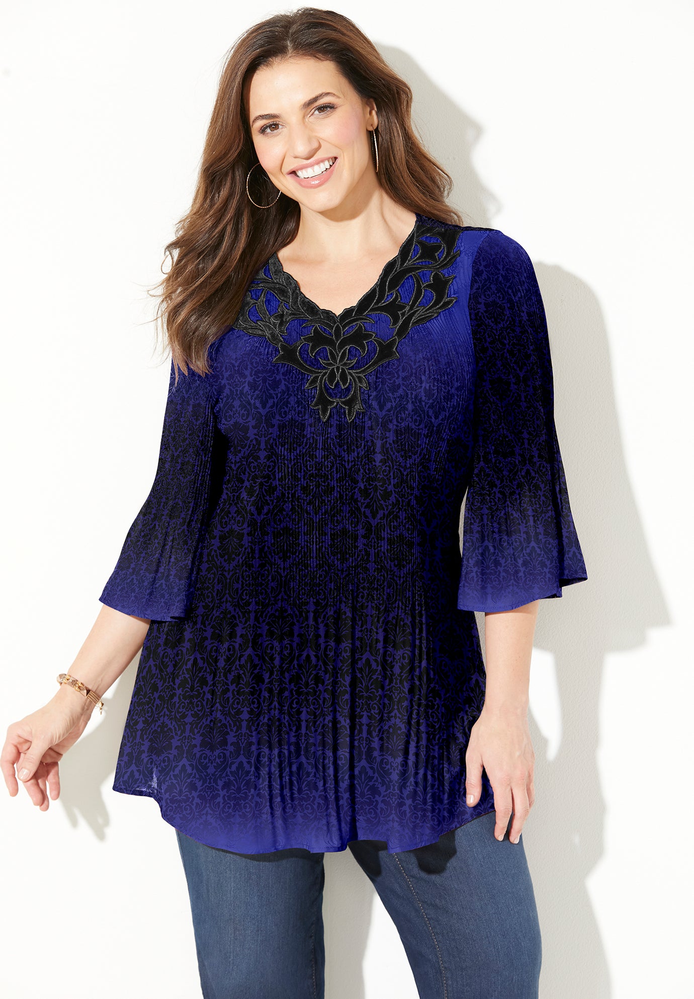 Velvet Trim Pleated Blouse image number 0