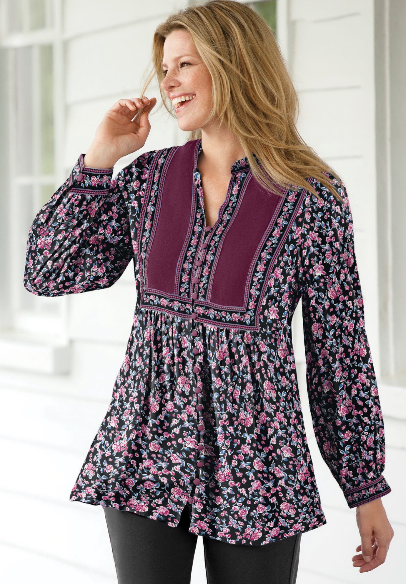 Button-Front Mixed Print Tunic image number 0