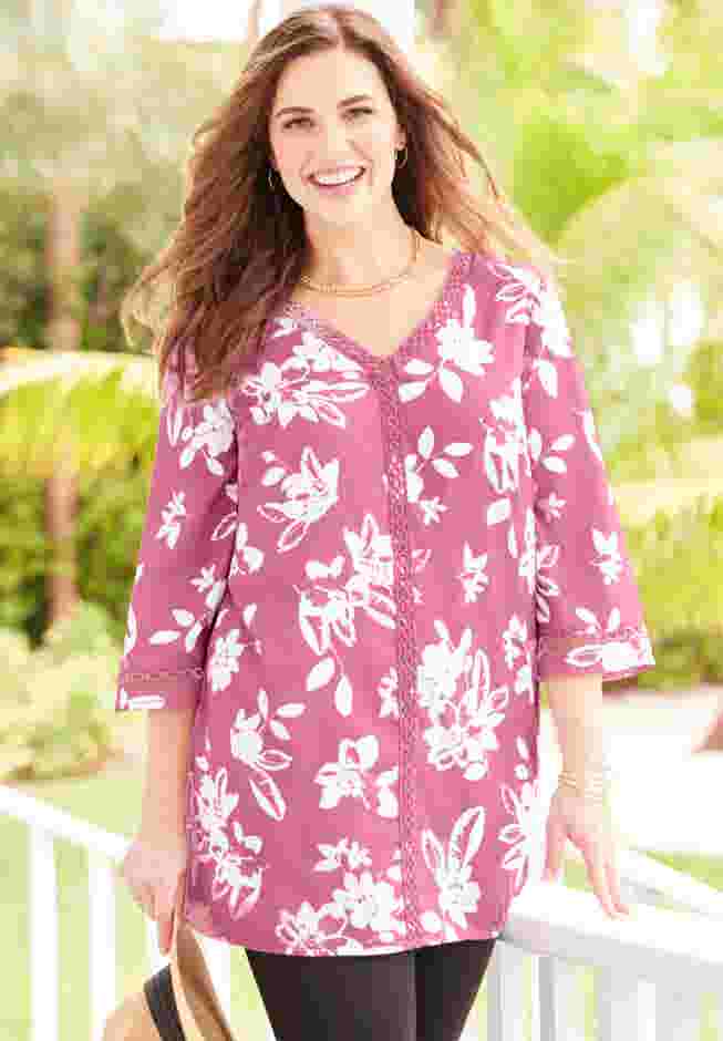 Crochet Trim V-Neck Tunic image number 0