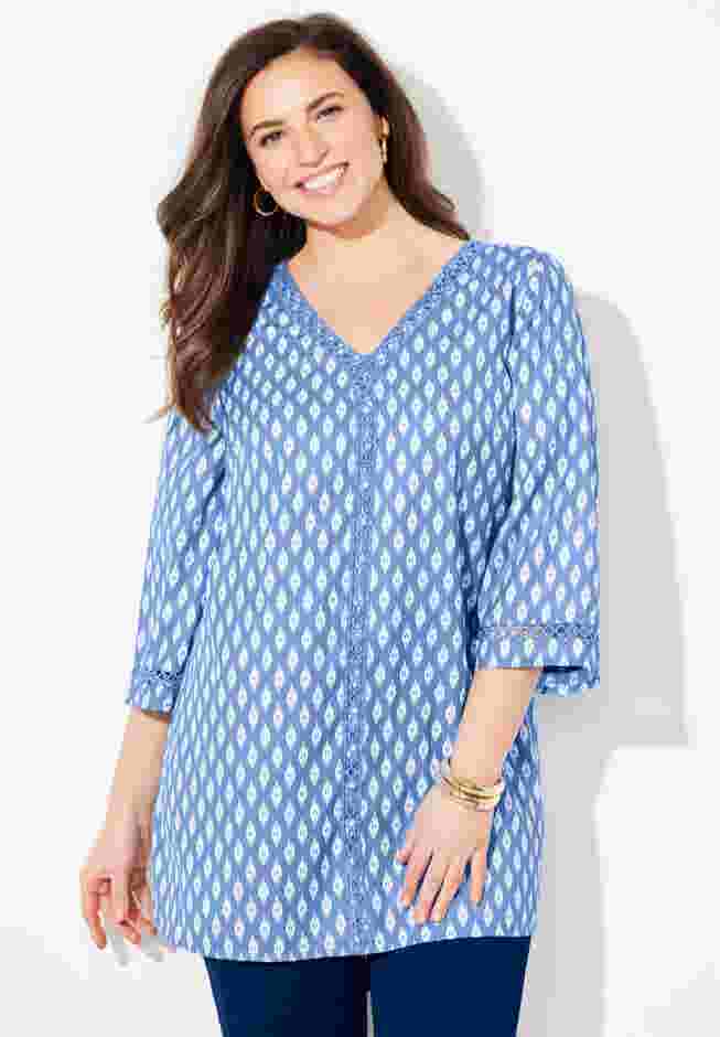 Crochet Trim V-Neck Tunic image number 0