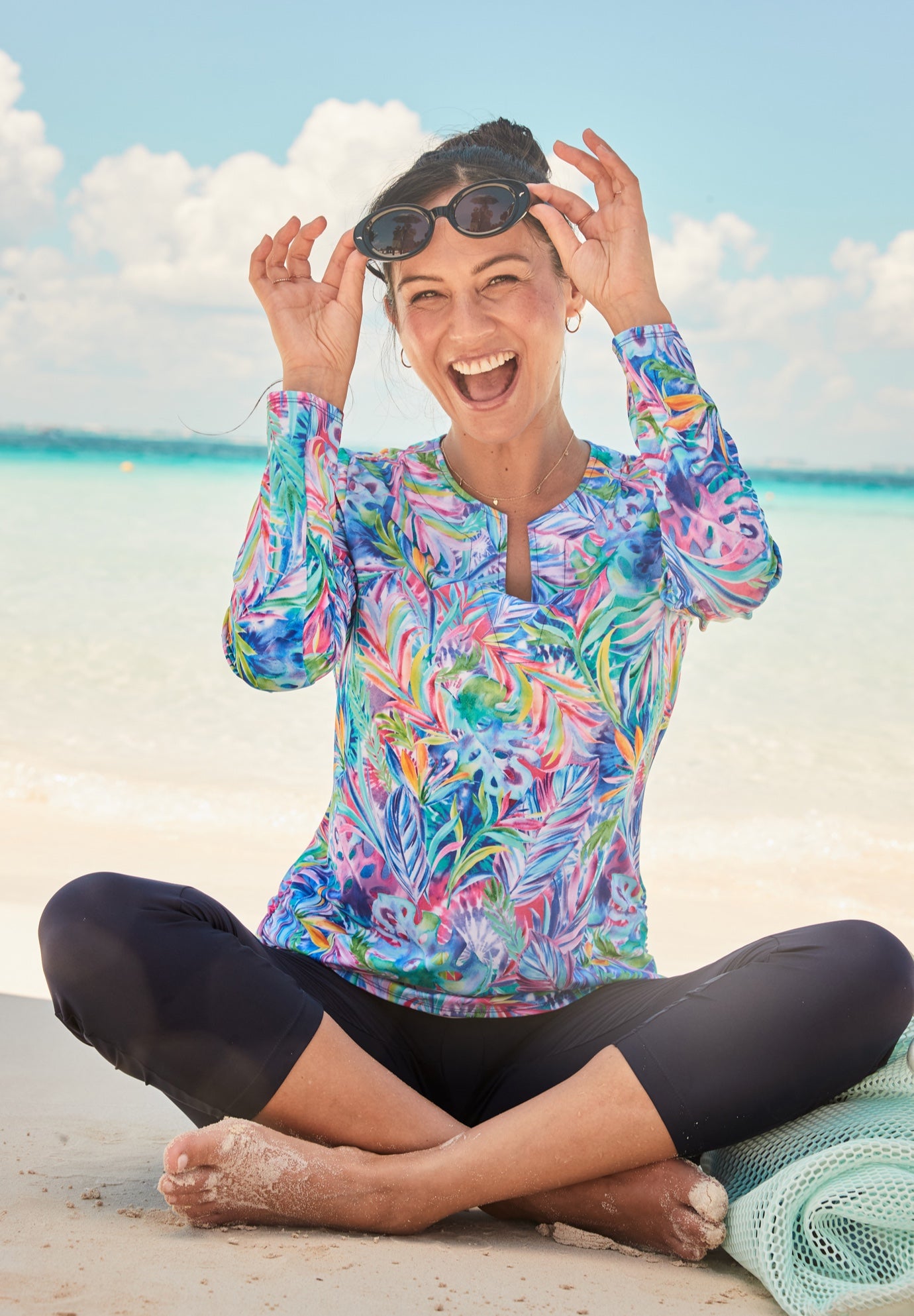 Split-Neck Long Sleeve Swim Tee with Built-In Bra image number 5