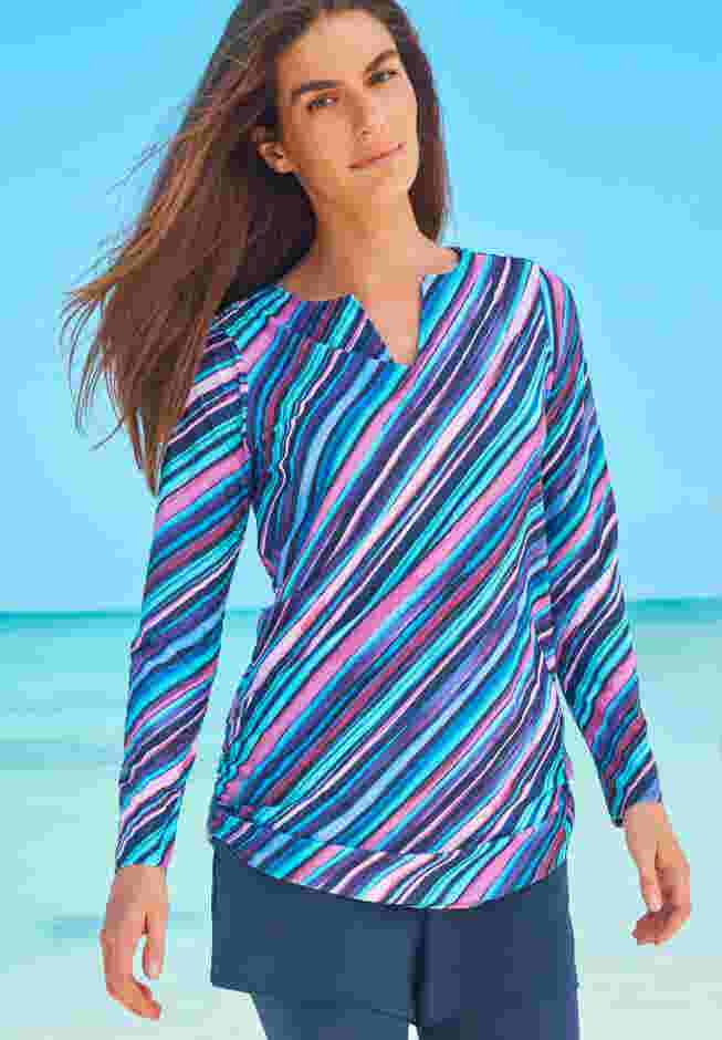 Split-Neck Long Sleeve Swim Tee with Built-In Bra image number 0