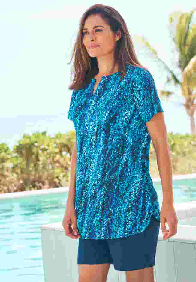 Split-Neck Short Sleeve Swim Tee with Built-In Bra image number 3