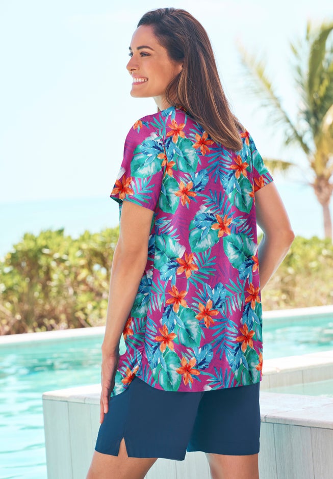 Split-Neck Short Sleeve Swim Tee with Built-In Bra image number 1