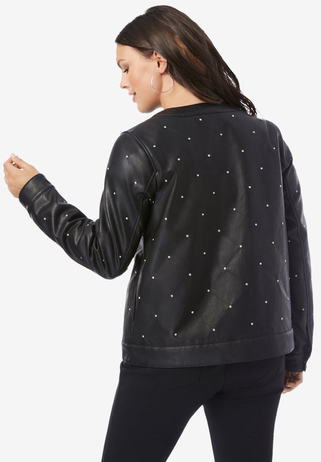 Plus Size Studded Faux Leather Bomber image number 1