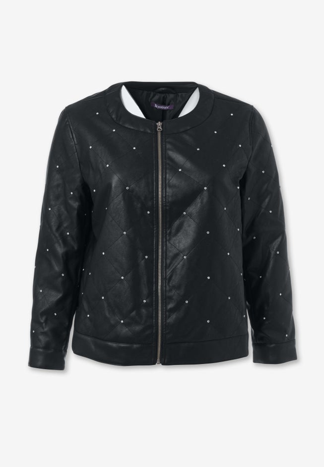 Plus Size Studded Faux Leather Bomber image number 3