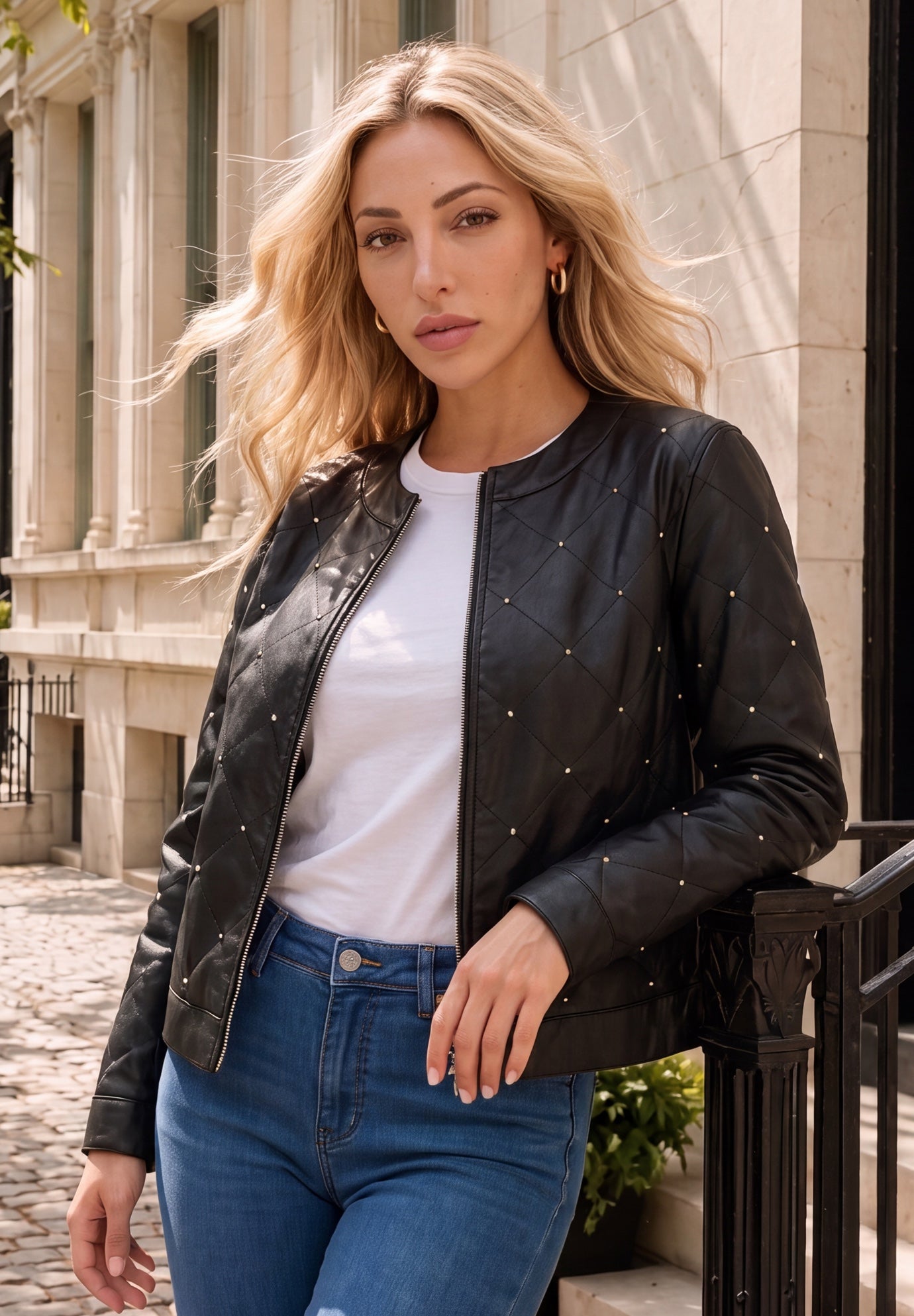 Plus Size Studded Faux Leather Bomber image number 0