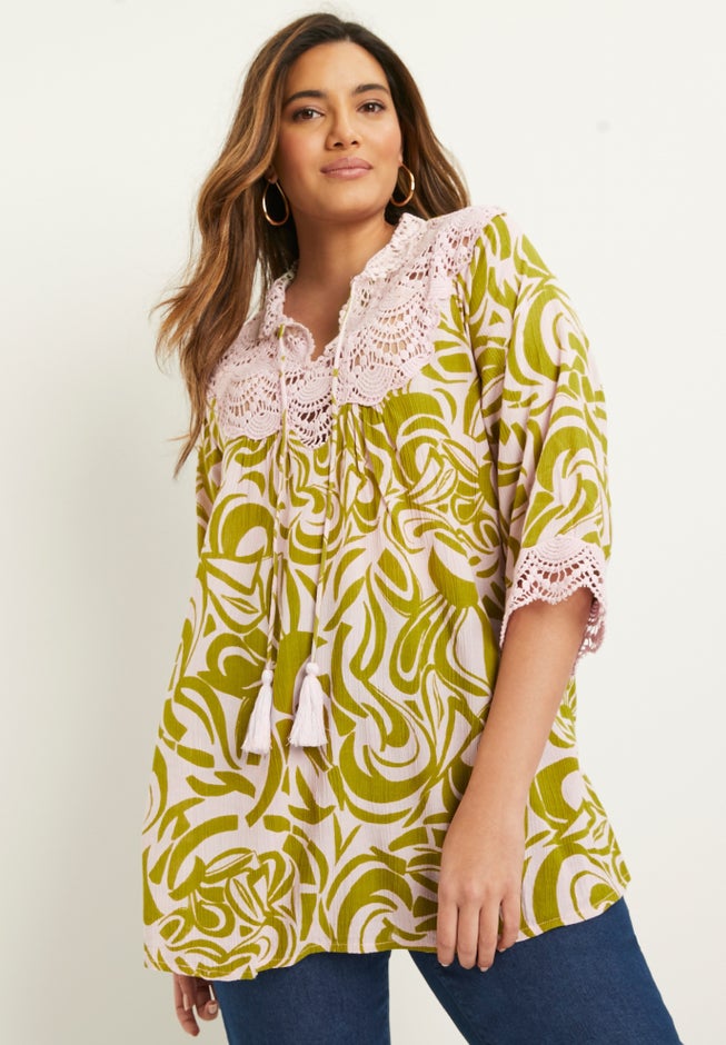 Lace-Trim Crinkle Blouse image number 4