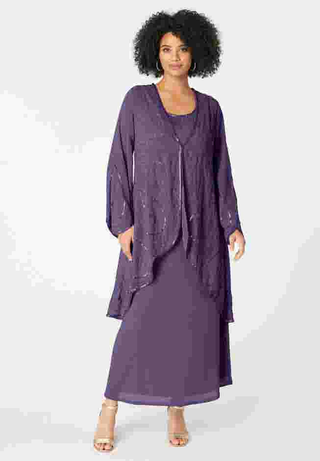 Plus-Size 2 piece Long Sleeve Beaded Georgette Gown Set with Detachable Jacket image number 1