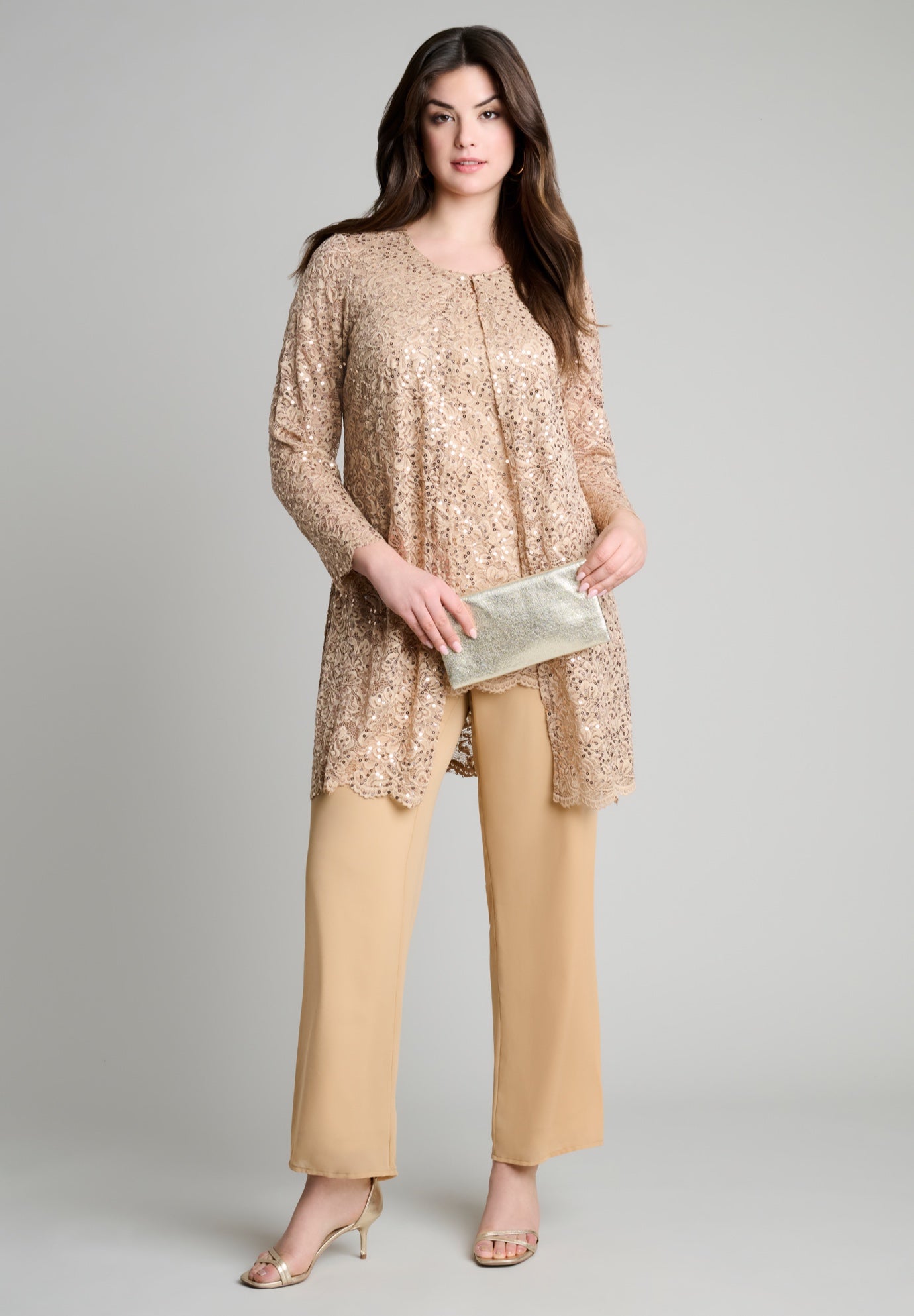 Plus-Size 3 Piece Allover Sequin Lace Jacket and Tank Pant Set image number 1