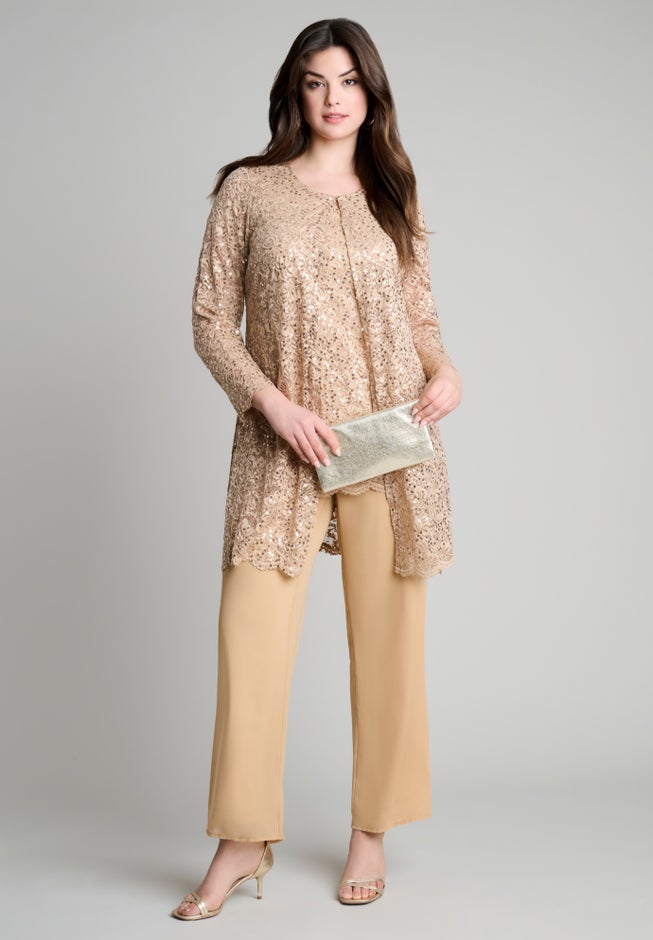 Plus-Size 3 Piece Allover Sequin Lace Jacket and Tank Pant Set image number 1