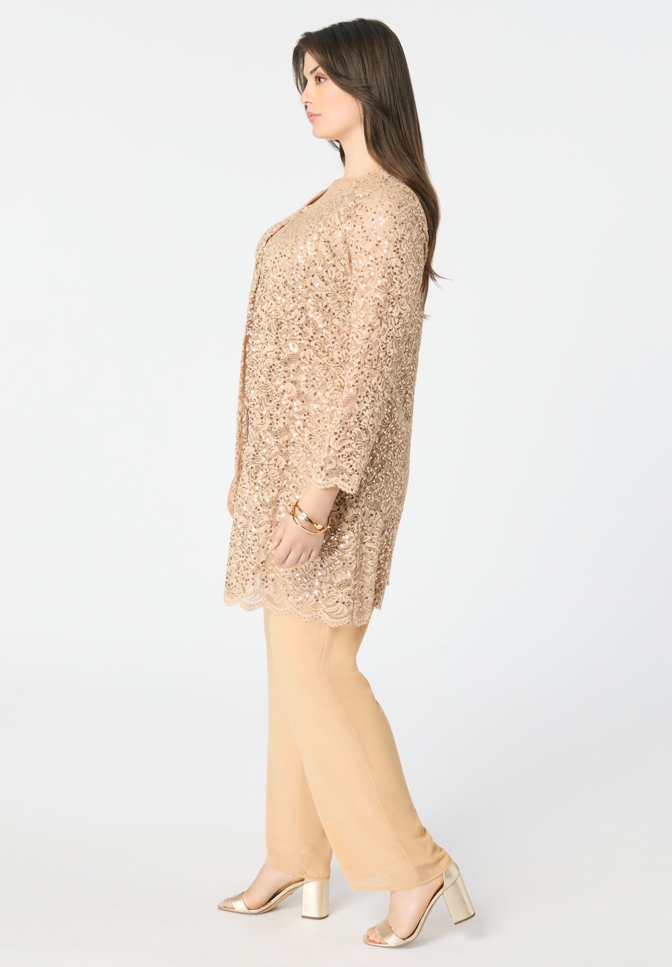 Plus-Size 3 Piece Allover Sequin Lace Jacket and Tank Pant Set image number 3