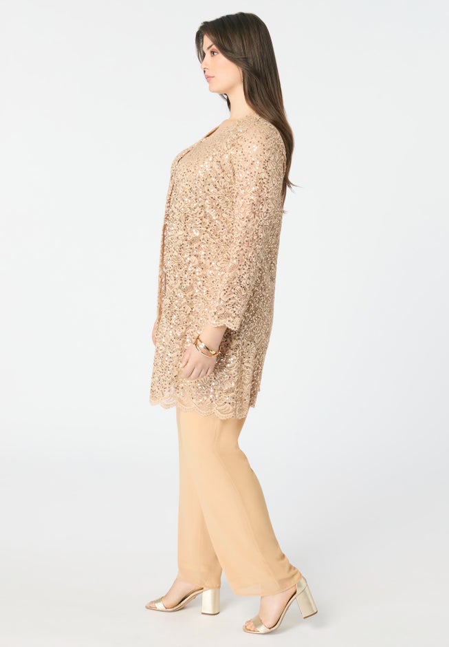 Plus-Size 3 Piece Allover Sequin Lace Jacket and Tank Pant Set image number 3