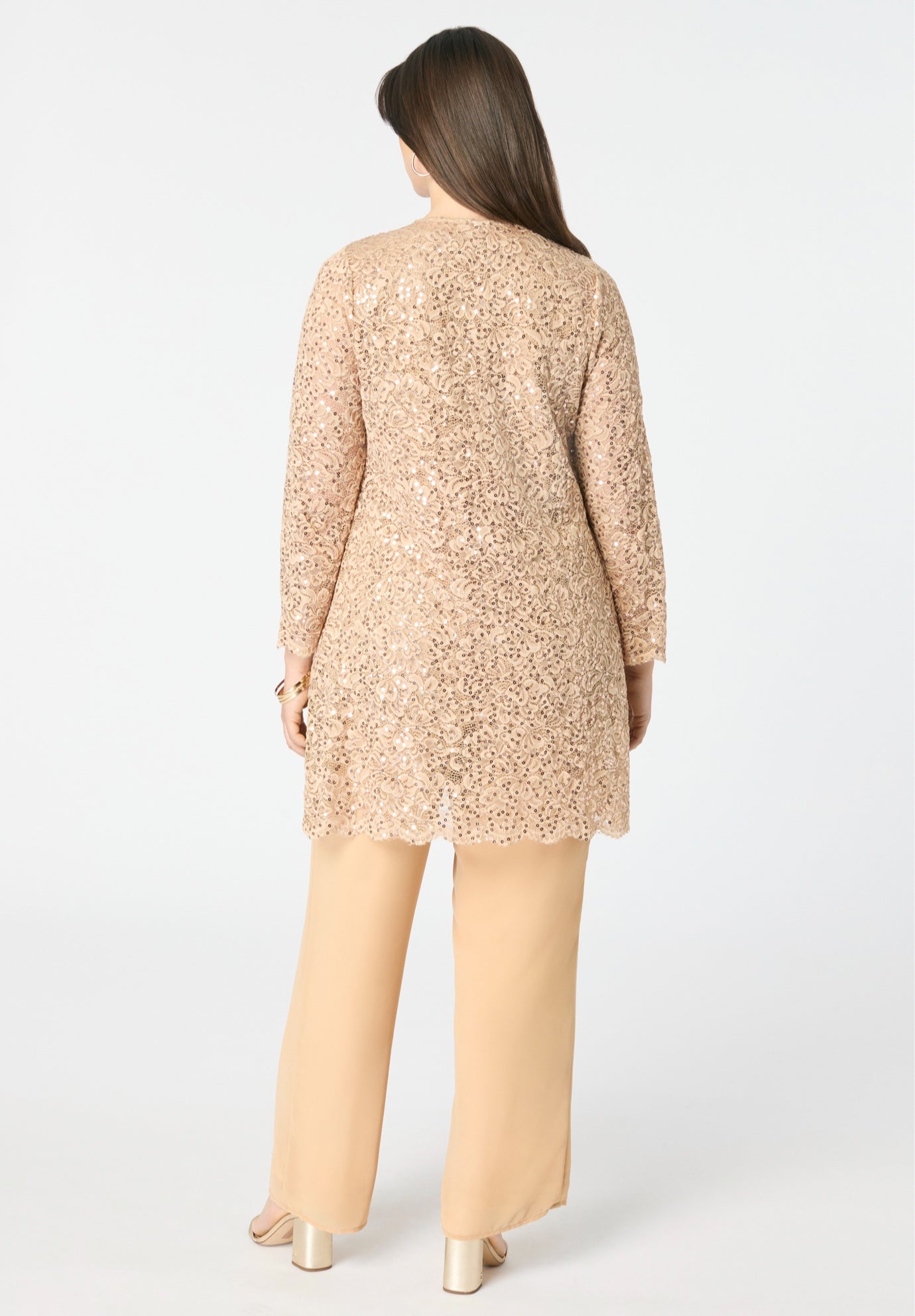 Plus-Size 3 Piece Allover Sequin Lace Jacket and Tank Pant Set image number 4