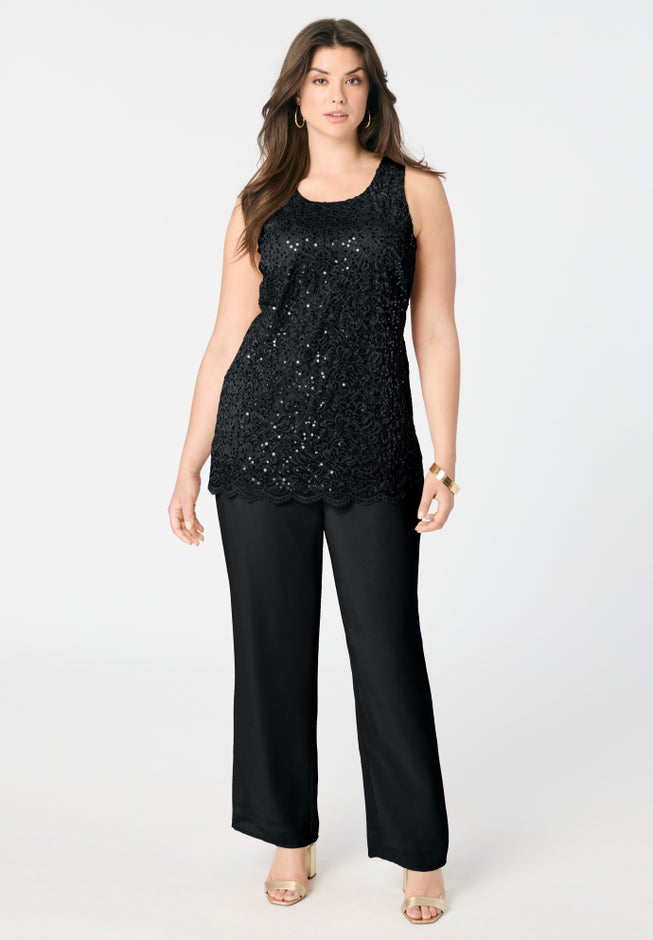 Plus-Size 3 Piece Allover Sequin Lace Jacket and Tank Pant Set image number 3