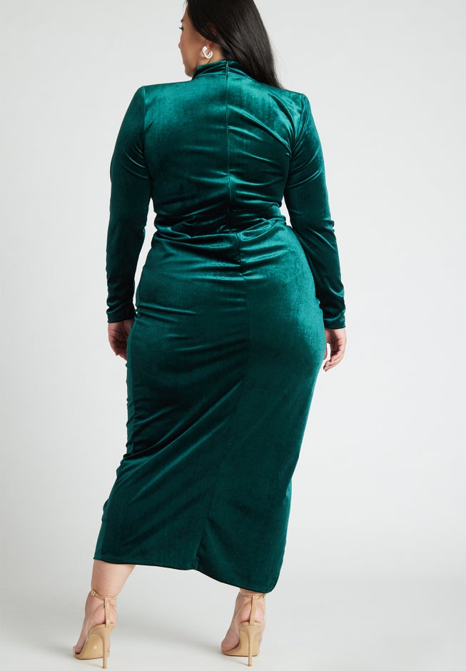 Mock Neck Velvet Dress With Slit image number 1
