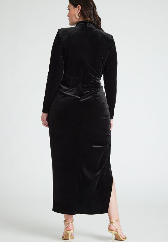 Mock Neck Velvet Dress With Slit image number 2