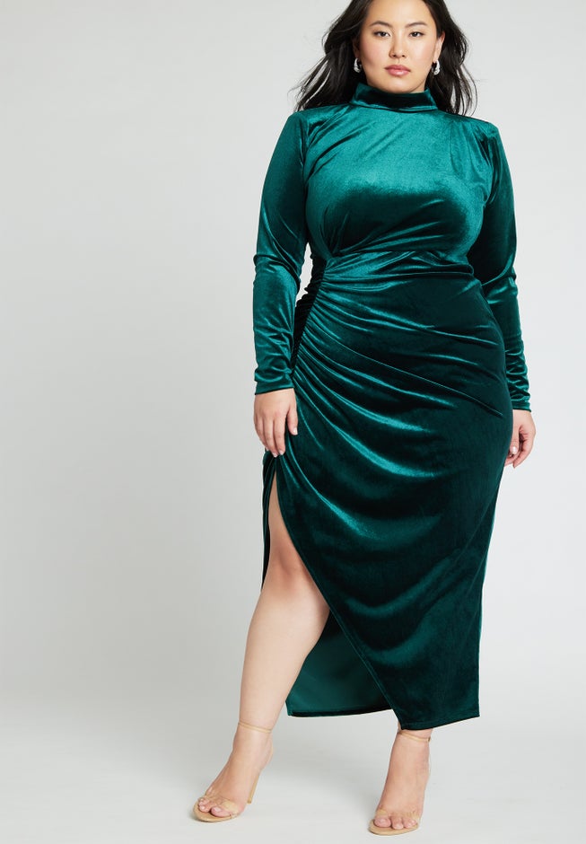 Mock Neck Velvet Dress With Slit image number 0