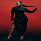 Mock Neck Velvet Dress With Slit image number null