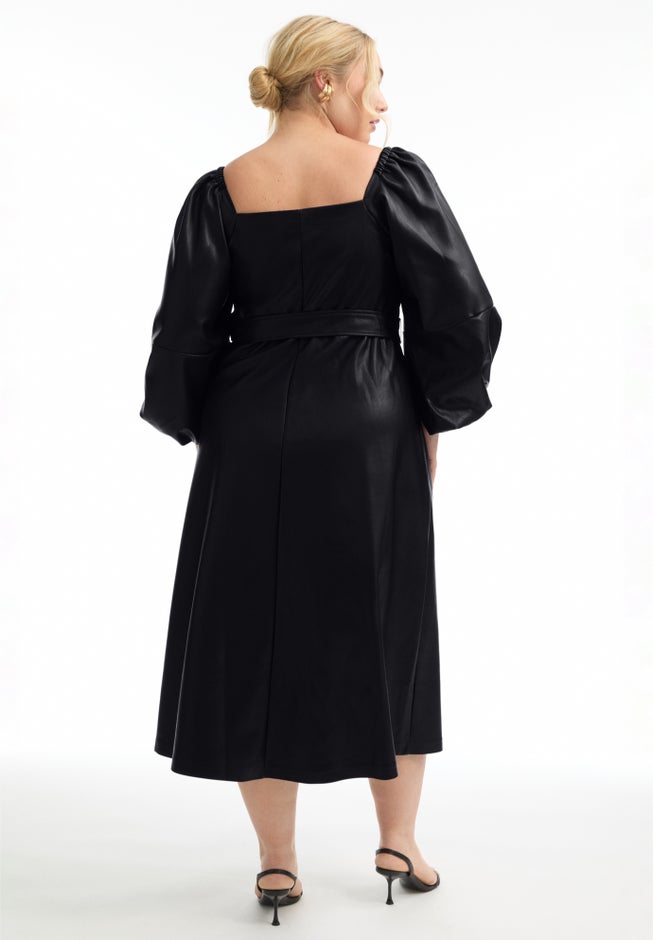 June + Vie Women's Puff Sleeve Faux Leather Midi Dress - Black - Casual dresses June + Vie Women's Puff Sleeve Faux Leather Midi Dress - Black - Casual dresses
