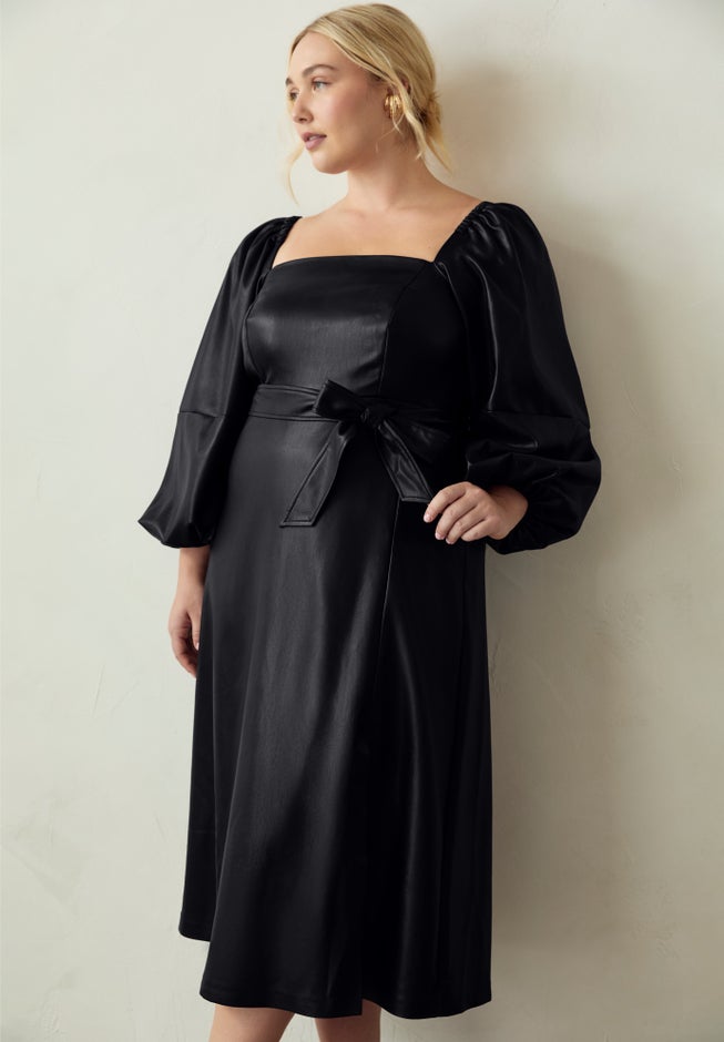 faux leather dress with puff sleeves Classic Faux Leather Dress with Puff Sleeves