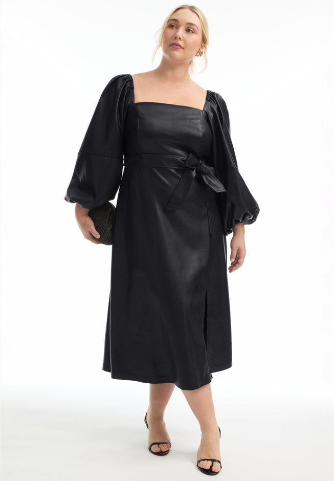 June + Vie Women's Puff Sleeve Faux Leather Midi Dress - Black - Casual dresses June + Vie Women's Puff Sleeve Faux Leather Midi Dress - Black - Casual dresses
