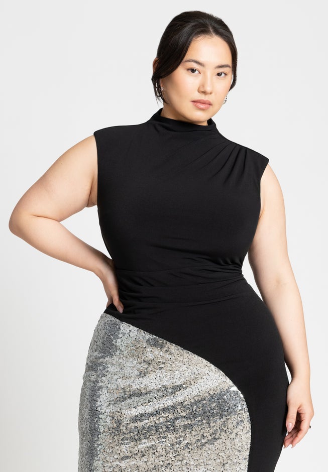 Funnel Neck Knit Dress With Sequin image number 4