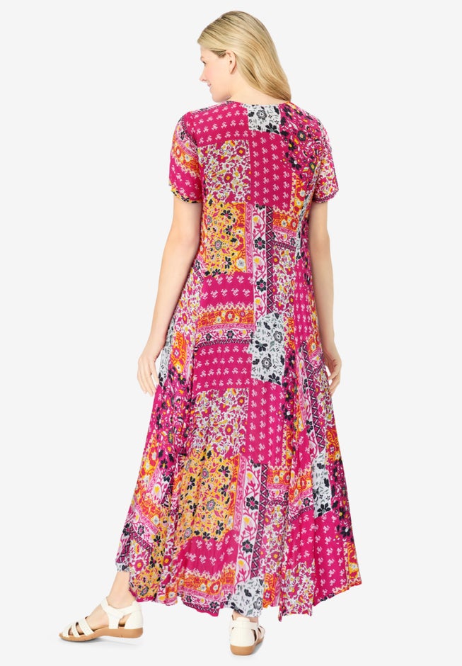 Printed Short-Sleeve Crinkle Maxi Dress image number 1