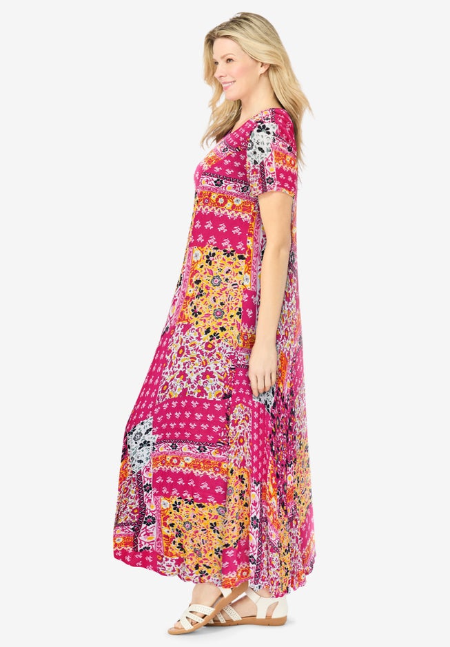 Printed Short-Sleeve Crinkle Maxi Dress image number 2