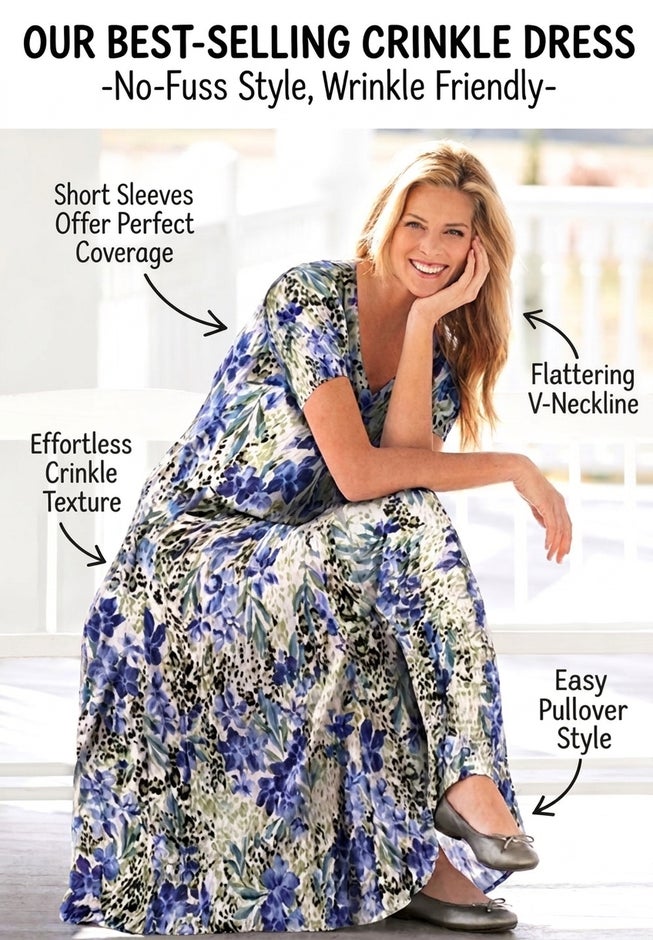 Printed Short-Sleeve Crinkle Maxi Dress image number 3