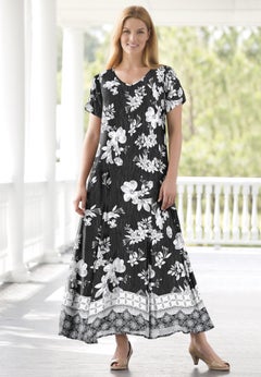 Printed Short-Sleeve Crinkle Maxi Dress