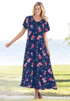 Printed Short-Sleeve Crinkle Maxi Dress