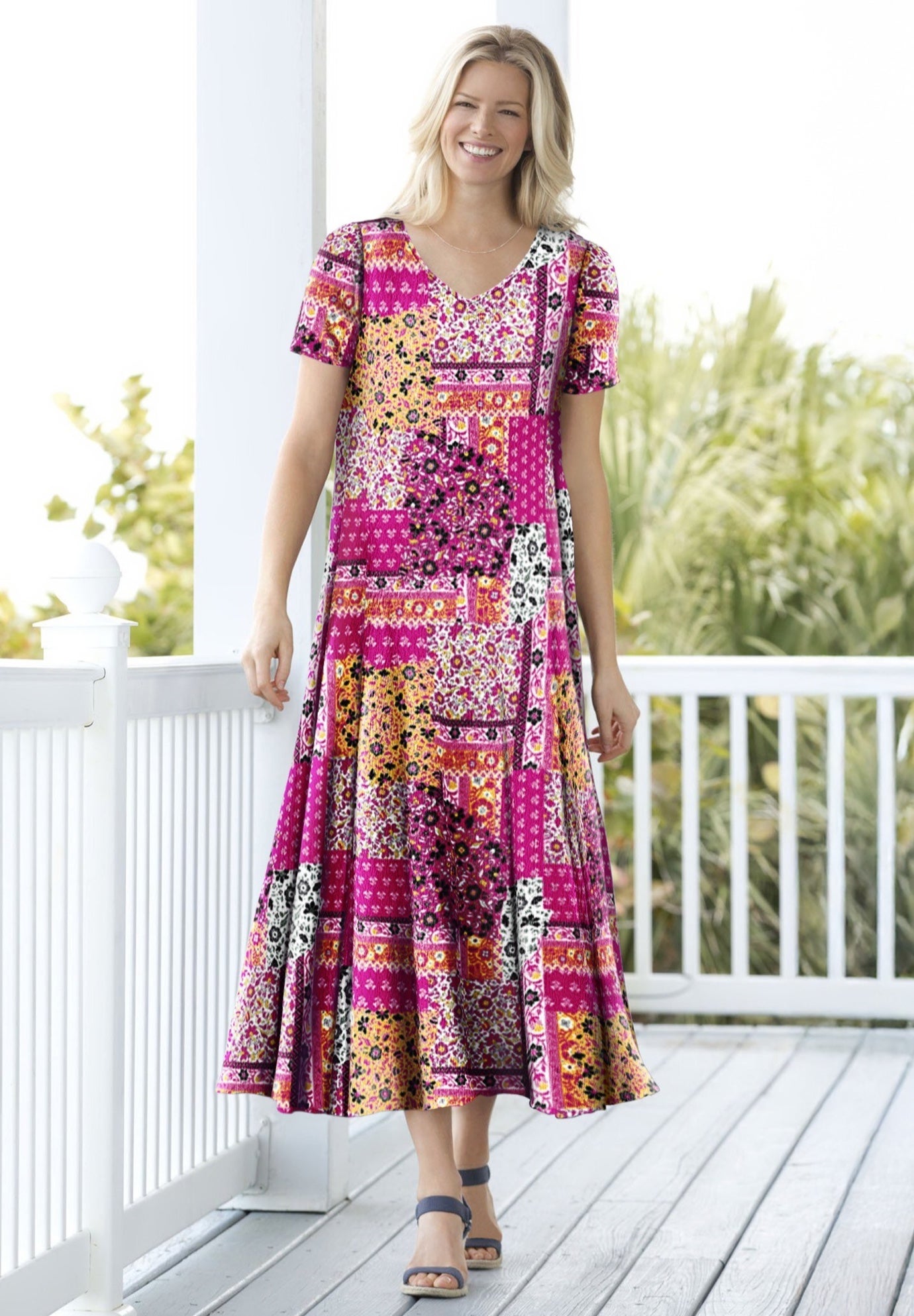 Printed Short-Sleeve Crinkle Maxi Dress image number 0