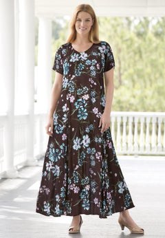 Printed Short-Sleeve Crinkle Maxi Dress
