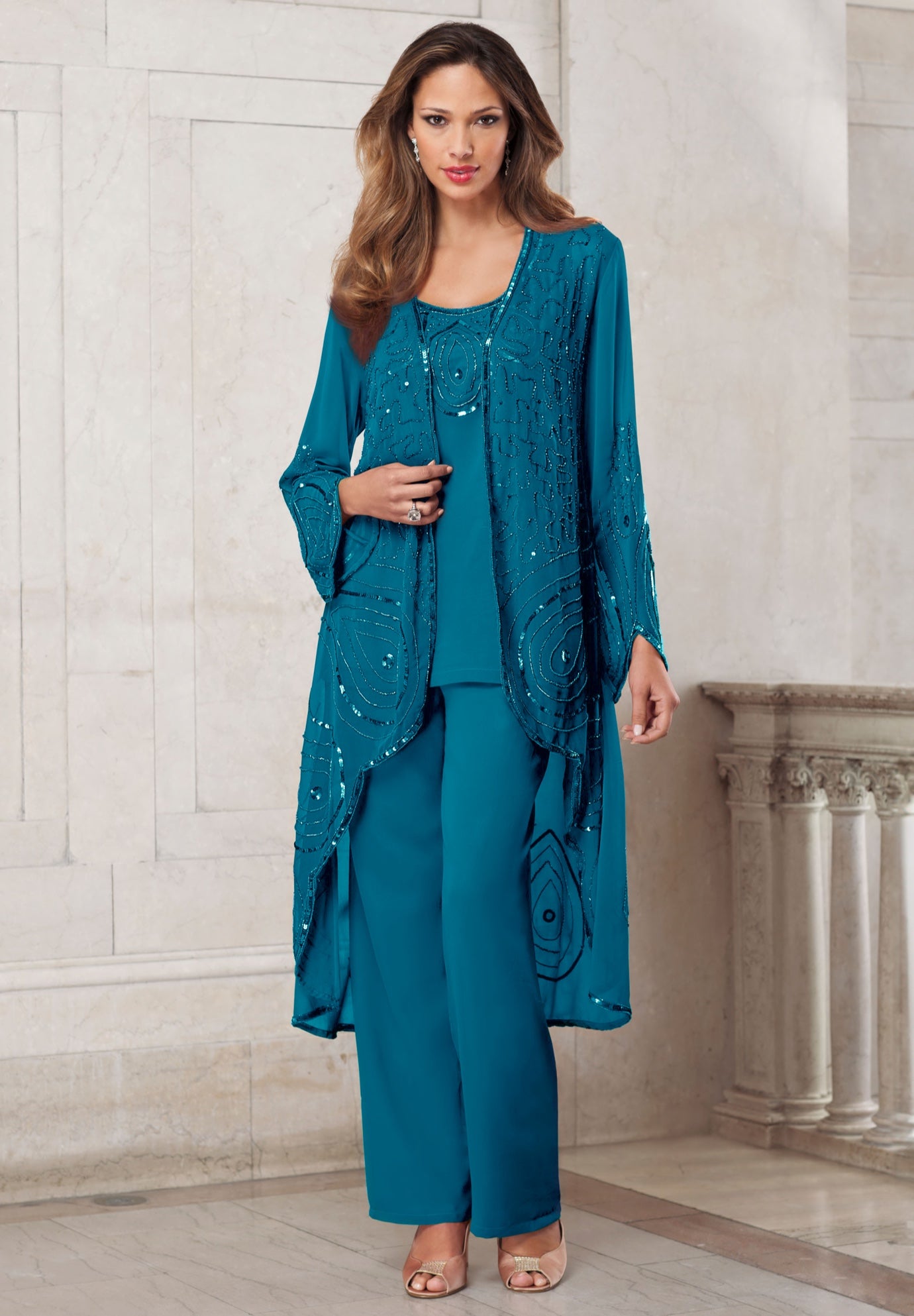 Plus Size Beaded Georgette 3-piece Pant Set &ndash; Formal Wear image number 0