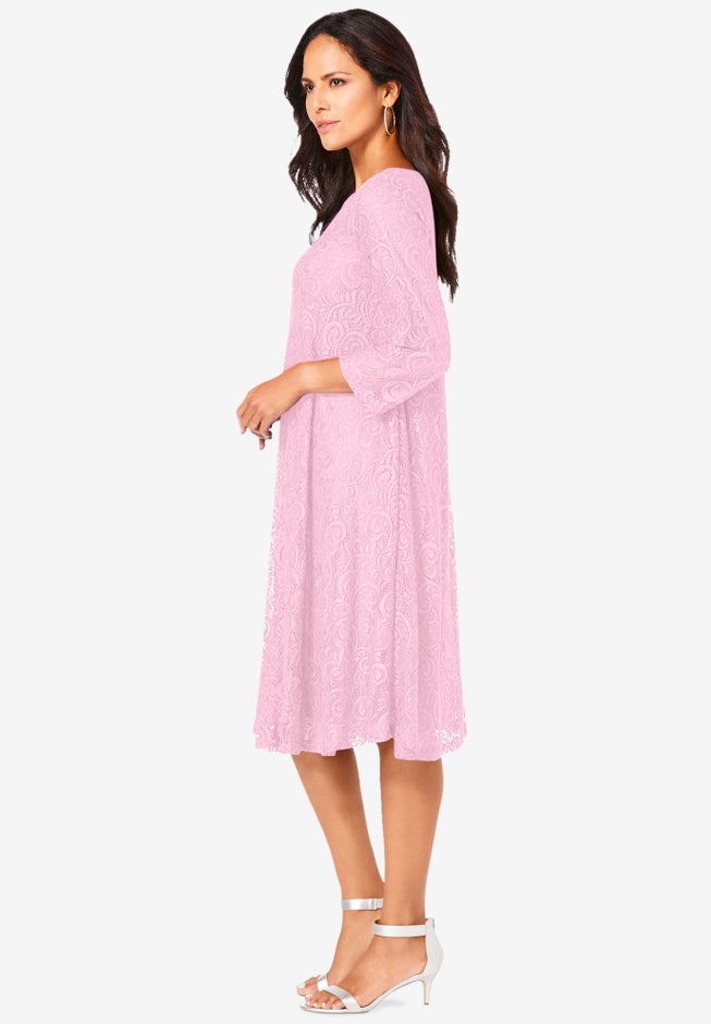 Plus-Size 3/4 Sleeve Boatneck Lace Swing Dress image number 3