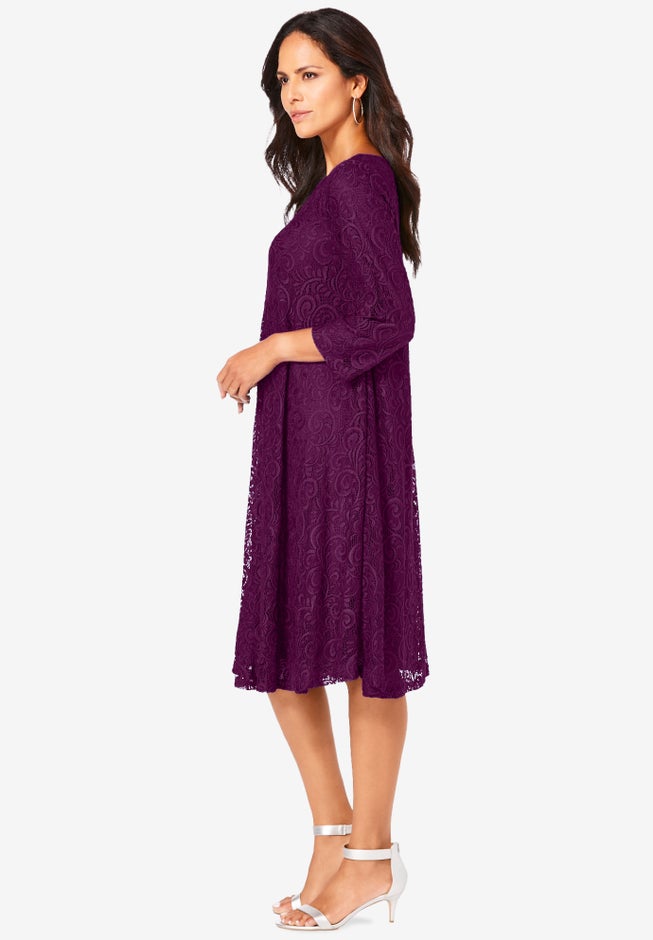 Plus-Size 3/4 Sleeve Boatneck Lace Swing Dress image number 2