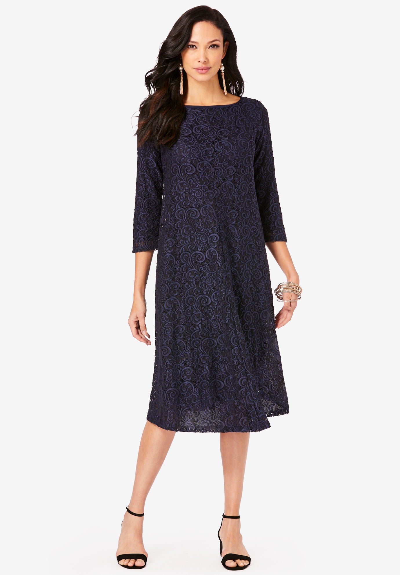 Plus-Size 3/4 Sleeve Boatneck Lace Swing Dress image number 0