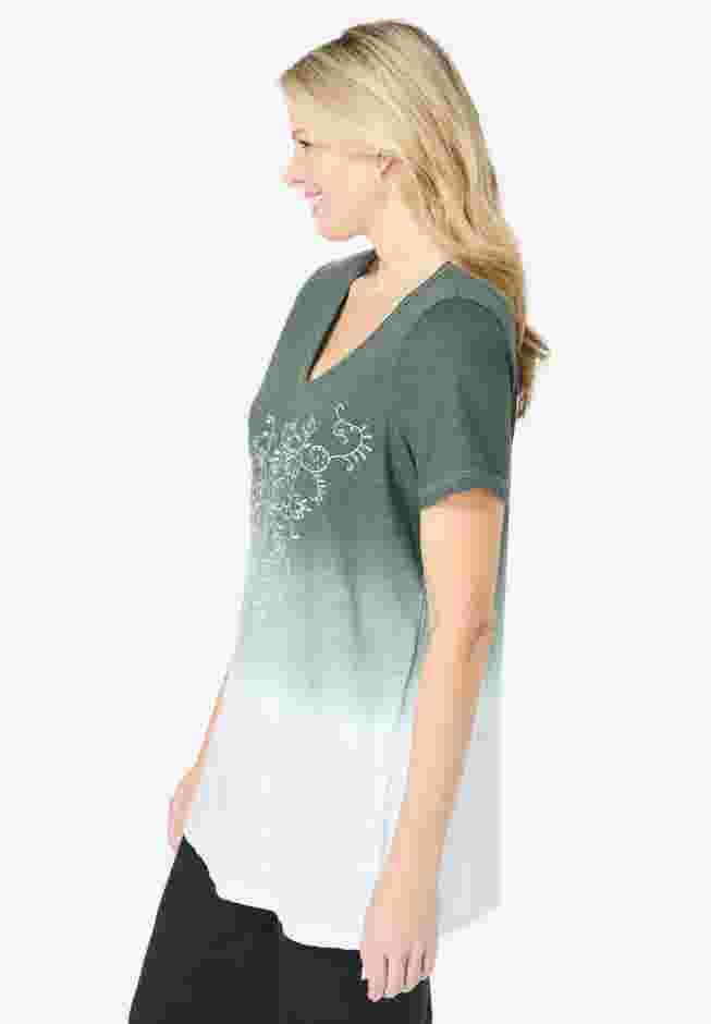 Short-Sleeve V-Neck Embroidered Dip Dye Tunic image number 2