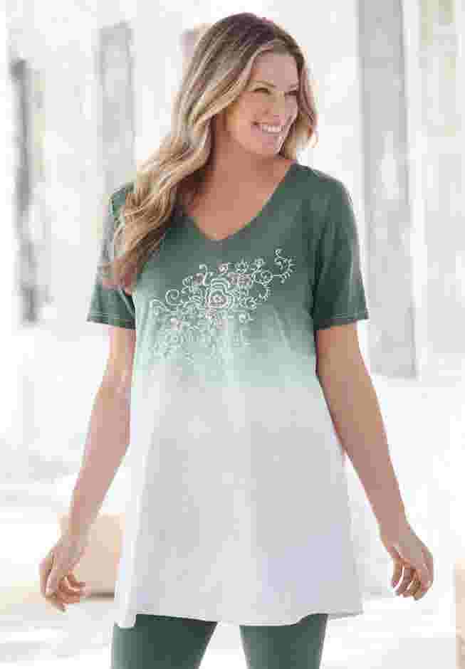 Short-Sleeve V-Neck Embroidered Dip Dye Tunic image number 0