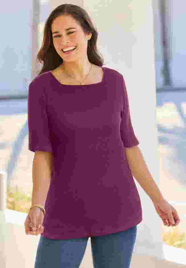 Ribbed Square Neck Elbow-Sleeve Tee image number 0