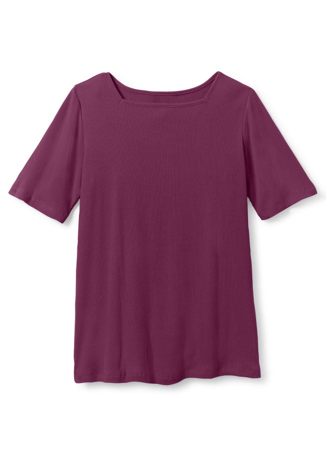 Ribbed Square Neck Elbow-Sleeve Tee image number 3